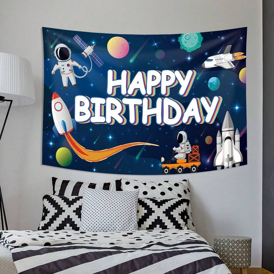 1面快樂生日宇航員主題聚酯纖維矩形掛旗牆掛掛毯,用於兒童生日派對裝飾（不帶掛夾）