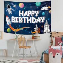 1面快樂生日宇航員主題聚酯纖維矩形掛旗牆掛掛毯,用於兒童生日派對裝飾（不帶掛夾）