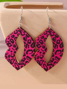 1pair Leopard Lip Shaped Earrings, Creative Design, Personalized Wood Ear Pendant, Romantic Valentine's Day Cross-Border Jewelry - Hot Pink - View 4