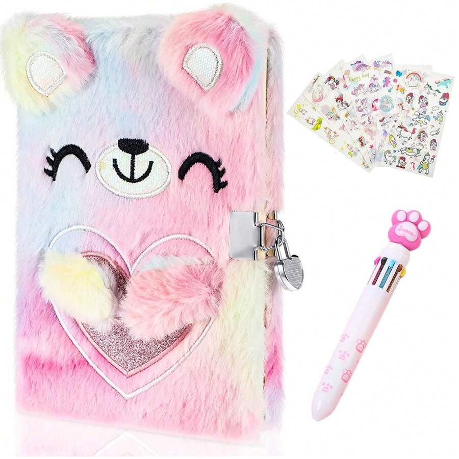 Diario Infantil con Cerradura, libretas bonitas para niña, Libretas kawaii, Diario secreto de peluche con cerradura, cuadernos bonitos, Diario difuso teñido anudado para niñas, cuadernos de papelería - Multicolor - Ver 1