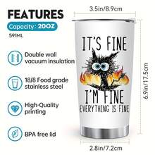 1入組20oz疲憊貓不銹鋼保溫車杯,“it's Fine”英文字杯,是工作狂朋友最好的生日禮物,新年快樂 - 黑色 - 查看 4