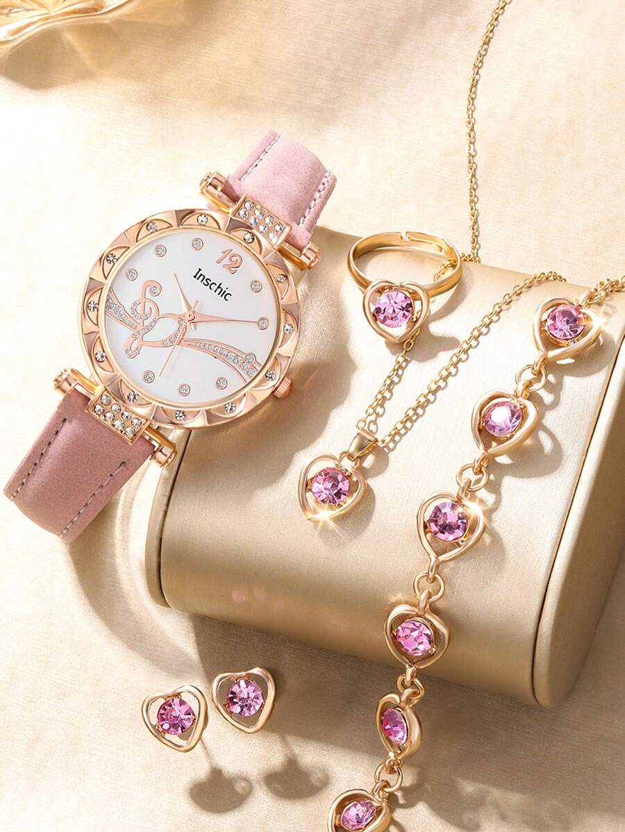 1 件可愛女孩手錶、1 件手鍊、1 件項鍊、1 件戒指、1 對耳環套裝 - 送給朋友的娛樂禮物 - 粉色 - 查看 1