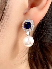 1對優雅藍色立方氧化鋯＆人造珍珠垂墜耳環,為女性情人節禮物,婚禮,訂婚,周年慶祝活動珠寶首飾 - 藍色 - 查看 2