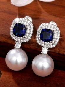 1對優雅藍色立方氧化鋯＆人造珍珠垂墜耳環,為女性情人節禮物,婚禮,訂婚,周年慶祝活動珠寶首飾 - 藍色 - 查看 6