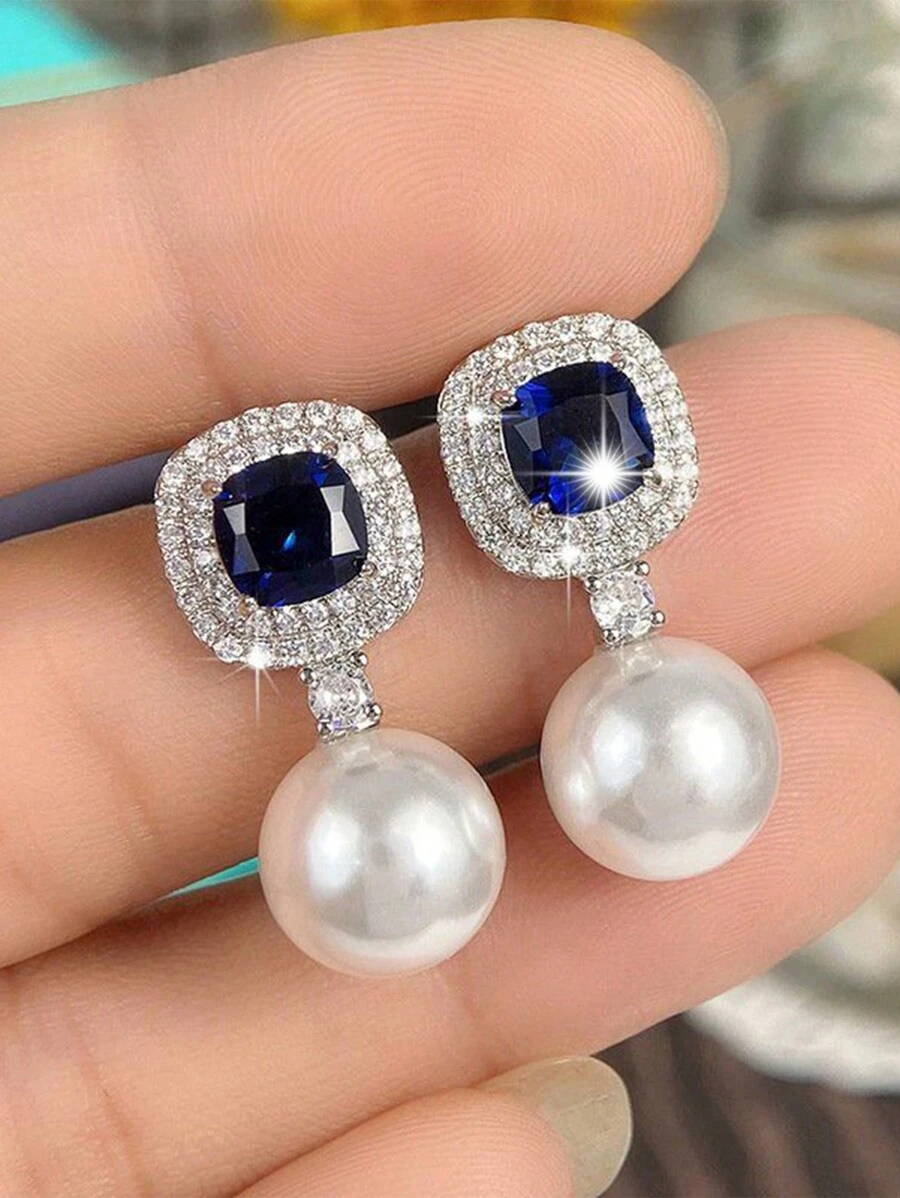 1對優雅藍色立方氧化鋯＆人造珍珠垂墜耳環,為女性情人節禮物,婚禮,訂婚,周年慶祝活動珠寶首飾 - 藍色 - 查看 1