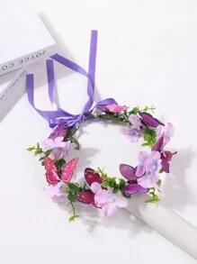 1 件女孩/青少年蝴蝶形天然绳花头带，森系风格，随机花朵图案 - 紫色 - 查看 3