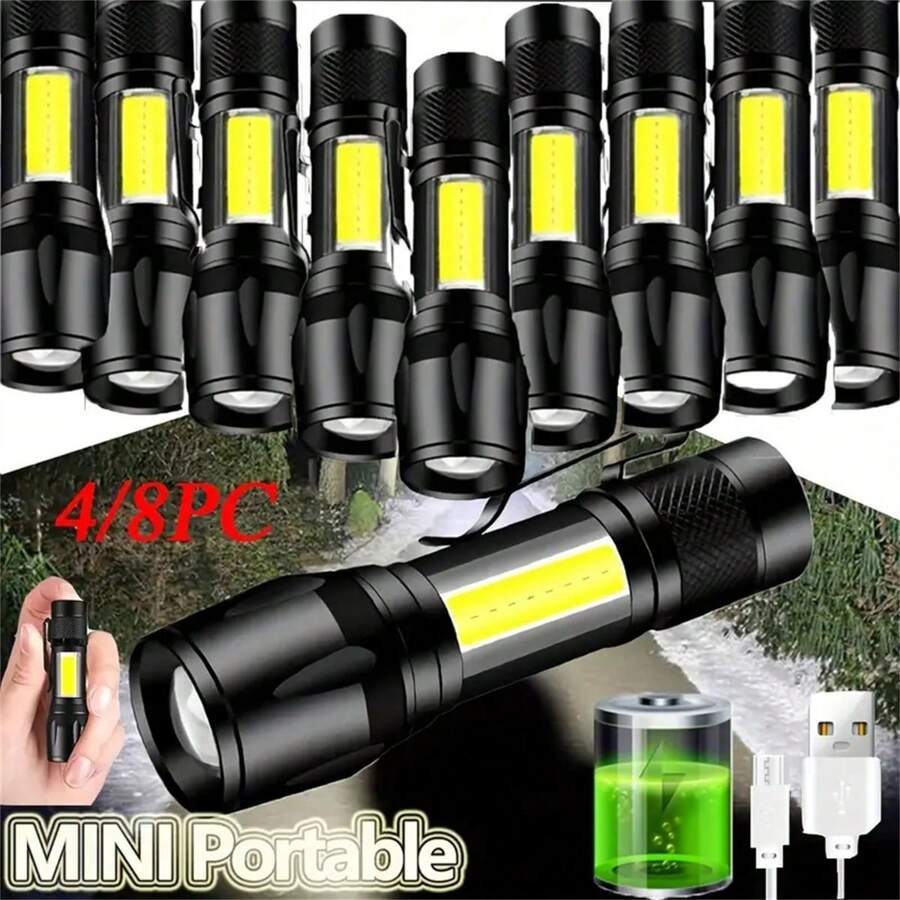 1/2/4/8pcs Mini Torch, LED Rechargeable Flashlight, Portable USB Charging Flashlight, Durable Waterproof Long Range Lantern For Camping - Black & Yellow - View 1