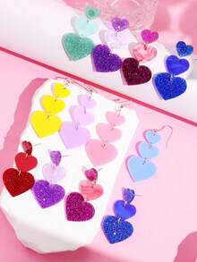 1pair Cute & Creative Multicolor Heart Shaped Dangle Earrings For Women, Valentine's Day Jewelry - Multicolor - View 6