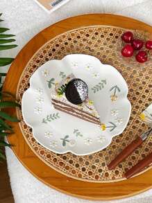 1pc Delicate Ceramic Plate With Daisy Relief & Lace Edge Design, French Style Dessert/Salad Plate, Suitable For Restaurant & Home Decor Christmas Gift