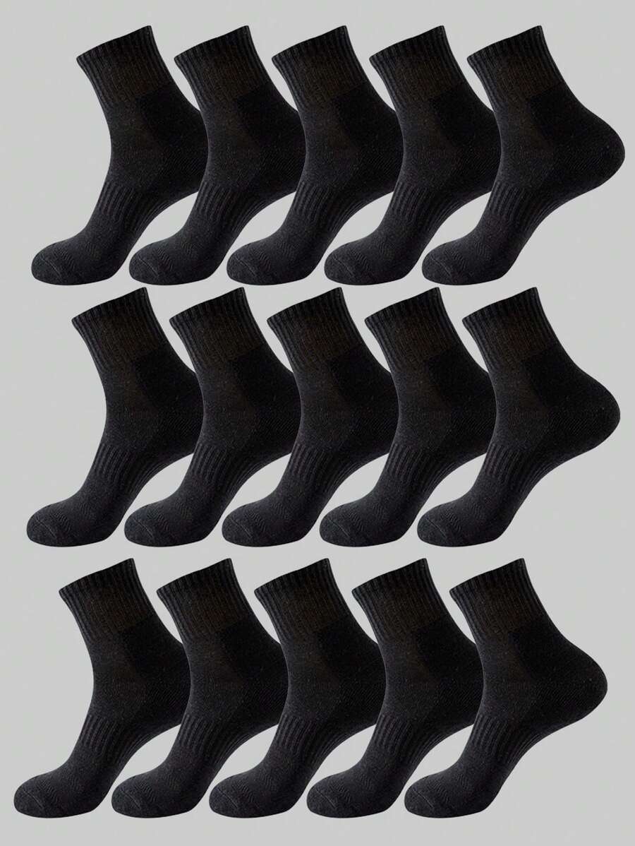 15 Pairs Men's Solid Color Crew Socks, Summer Sports