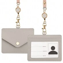 pu皮革徽章夹，带可调节伸缩快速释放扣，可分离，带旋转金属扣，适用于办公室、学校、学生、员工，可放置徽章、交通卡、ic卡和硬币，多功能徽章夹、月票夹、姓名，可垂直和水平使用，带有两个用于存放卡片的口袋和硬币口袋，由pu皮革制成，非常适合情人节礼物、新年礼物。卡片夹、卡片夹、钱包、名片夹、信用卡夹、教师挂绳，带身份证夹、卡片夹、女士迷你钱包、卡片钱包 - 灰色 - 查看 2