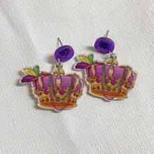 1對簡約的歐美式誇張瑪蒂格拉皇冠羽毛套環耳環,瑪蒂格拉節日禮物和裝飾,秋冬新品 - 藍色 - 查看 3