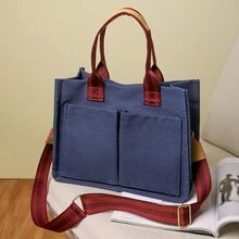 時尚帆布背包、肩包、手提包,大容量、復古風格 - 藍色 - 查看 2