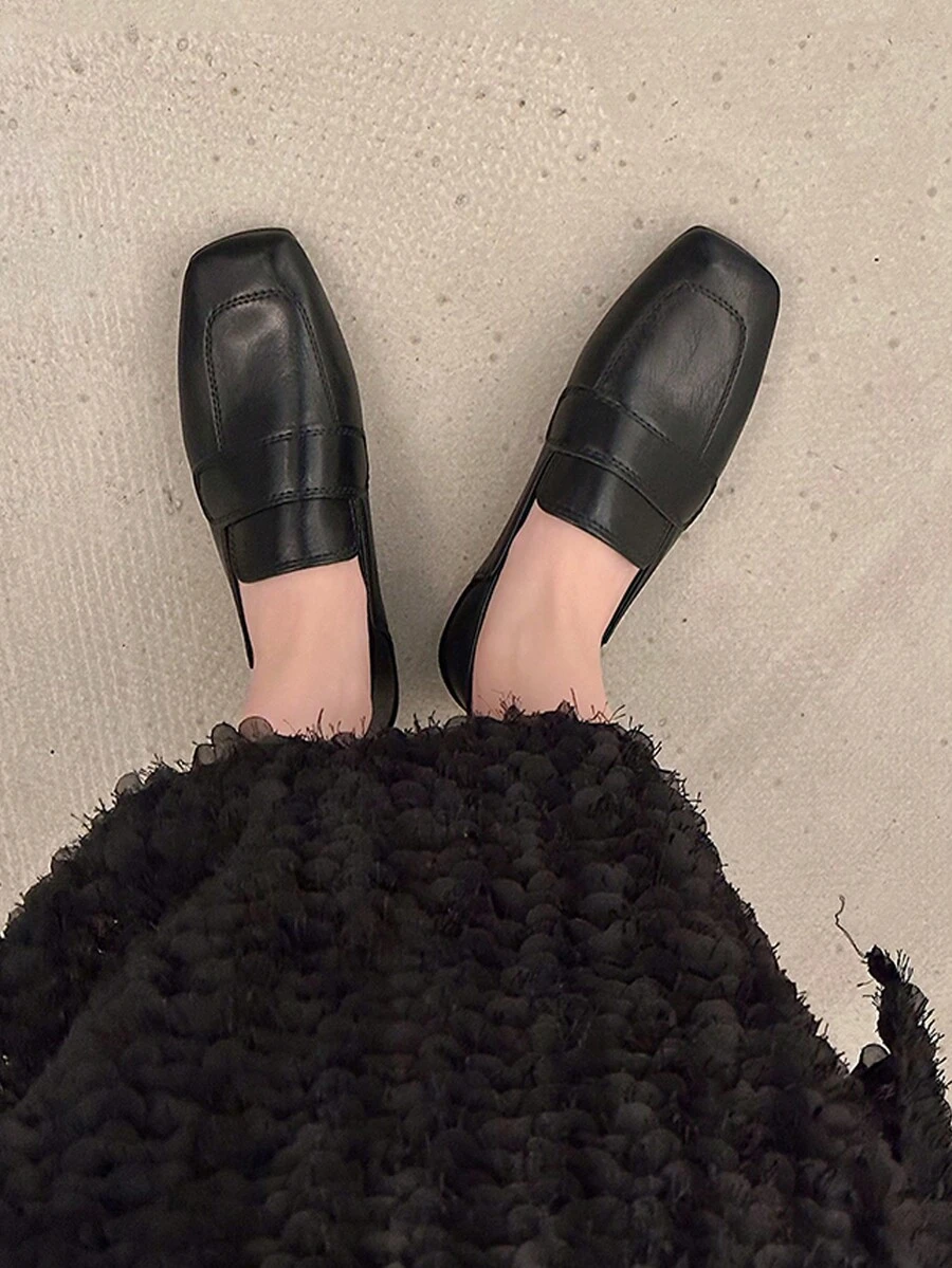 英式風格女士黑色皮革平底鞋,帶有細帶,防滑,適用於學習、工作、步行和休閒穿搭 - 黑色 - 查看 1