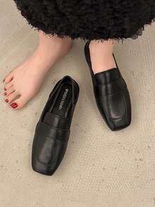 英式風格女士黑色皮革平底鞋,帶有細帶,防滑,適用於學習、工作、步行和休閒穿搭 - 黑色 - 查看 4