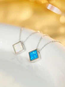 1pc 925 Silver Minimalist Geometric Shape (Square/Round/Heart/Teardrop) Australian Opal Pendant Necklace