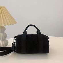 女士新款時尚毛絨手提包,柔軟的肩背袋,斜跨包,抱枕包 - 黑色 - 查看 7