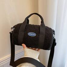 女士新款時尚毛絨手提包,柔軟的肩背袋,斜跨包,抱枕包 - 黑色 - 查看 5