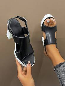 女性大尺碼歐美風夏季高跟涼鞋,時尚黑色厚底耐水平台女鞋 - 黑色 - 查看 5