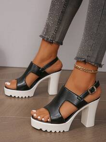 女性大尺碼歐美風夏季高跟涼鞋,時尚黑色厚底耐水平台女鞋 - 黑色 - 查看 1