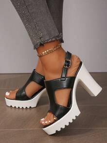 女性大尺碼歐美風夏季高跟涼鞋,時尚黑色厚底耐水平台女鞋 - 黑色 - 查看 4