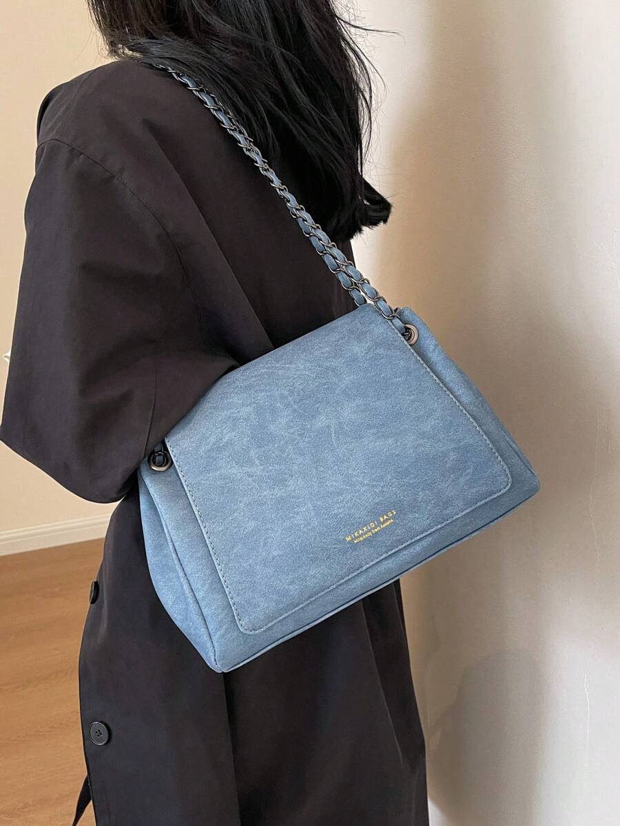 Ladies' Denim Blue Tote Bag With Chain Strap, Can Be Used As Shoulder Bag, Crossbody Bag, Large Capacity - Blue - View 1
