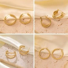1pair Gold Stainless Steel Geometric Weave Metal Earrings, Unique Design With Luxury And Fashionable Style, Suitable For Daily Activities, For Women - Yellow Gold - View 6