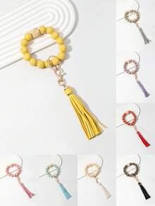New Arrival Cute Tassel Keychain Bracelet Beaded Plaid Diy Handmade Keyring A Wooden Decorative Keychain Accessory For Phone, Car, Gift For Valentine'S Day, Anniversary, Birthday, Festival. A Creative Gift For Girlfriend, Friend - Multicolor - View 12