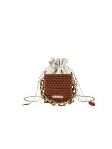 Fashionable Drawstring Square Box Bag For Women With Chain Strap, Can Be Carried As Sling Bag Or Crossbody Bag, Mini All-Match Handbag - Brown - View 5