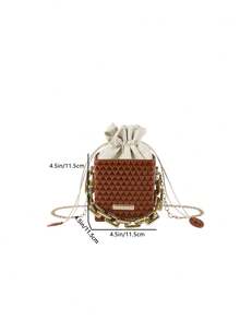 Fashionable Drawstring Square Box Bag For Women With Chain Strap, Can Be Carried As Sling Bag Or Crossbody Bag, Mini All-Match Handbag - Brown - View 4