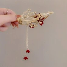 1pc Chinese Style Butterfly & Camellia Flower Ponytail Clip, Retro Hair Accessory With High-End Feeling For Women - Burgundy - View 4