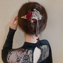 1pc Chinese Style Butterfly & Camellia Flower Ponytail Clip, Retro Hair Accessory With High-End Feeling For Women - Burgundy - View 3