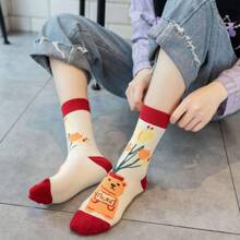 3双装女士个性日韩风露营、郊游、居家、休闲中筒袜，带有可爱的小熊和兔子图案 - 彩色 - 查看 3