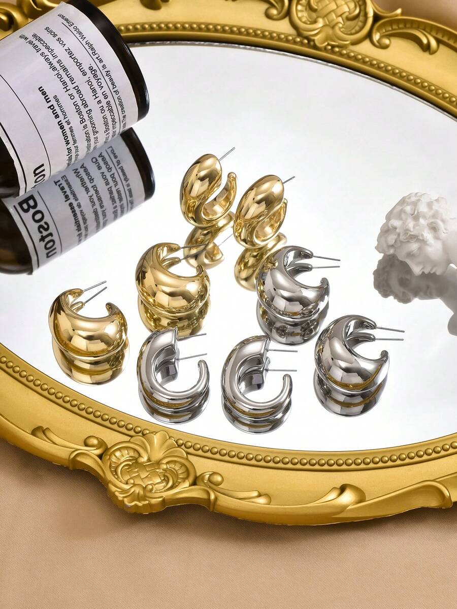 1pair , Minimalist & Distinctive C Shaped Earrings Suitable For Daily Wear By Women, Available In Gold & Silver Tone - Silver a - View 1