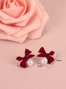 1對女士不尋常的蝴蝶結耳環，配飾柔軟珍珠裝飾，秋冬時尚必備 - 彩色 - 查看 3