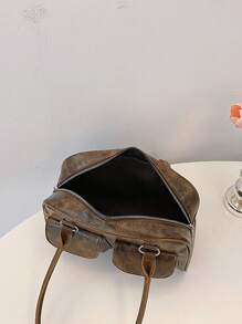 1 chiếc túi xách tay kiểu dáng cổ điển tối giản có khóa kéo, trang trí bằng các ngăn nhỏ, hai quai xách, phù hợp cho nữ giới sử dụng hàng ngày và đi làm, túi xách phong cách retro. - Cà phê nâu - Xem 6