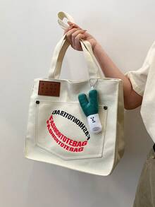 Stylish Korean Style Literary Alphabet Tote Bag, Large Capacity Canvas Bag Suitable For Students And Casual Occasions. - White - View 4