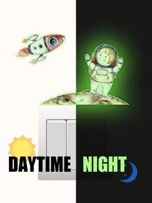 1入組夜光卡通太空人火箭自粘開關貼紙,適合兒童嬰兒房家庭插座裝飾點綴,發光壁紙貼膜4.65 X 3.15英寸