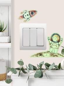 1入組夜光卡通太空人火箭自粘開關貼紙,適合兒童嬰兒房家庭插座裝飾點綴,發光壁紙貼膜4.65 X 3.15英寸