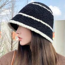 1入女士冬季羊毛編織漁夫帽，休閒可摺疊巴拿馬帽，適用於戶外防曬帽 - 黑色 - 查看 1