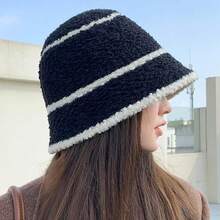 1入女士冬季羊毛編織漁夫帽，休閒可摺疊巴拿馬帽，適用於戶外防曬帽 - 黑色 - 查看 2