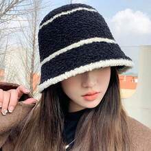 1入女士冬季羊毛編織漁夫帽，休閒可摺疊巴拿馬帽，適用於戶外防曬帽 - 黑色 - 查看 3