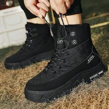 1pair Sports Style Warm Men's Snow Boots With Lining, Short Pu Boots With Lace For Outdoor Activities In Winter - Black - View 6