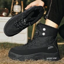 1pair Sports Style Warm Men's Snow Boots With Lining, Short Pu Boots With Lace For Outdoor Activities In Winter - Black - View 4