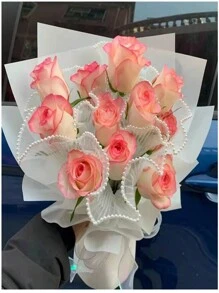 1pc White Wave Style Gift Wrapping Organza With Pearl Wrinkled Mesh, Used For Diy Flower Arrangement, Valentine'S Day Wedding Birthday Party Gift Wrapping Decoration - White - View 4