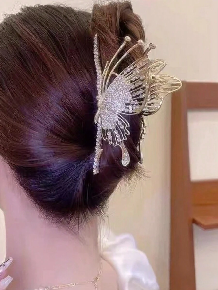 1pc New Rhinestone Butterfly Hair Clip For Women, Large Hair Claw For Ponytail, Ancient Style Hair Accessory, Hair Claw - 08 - View 1
