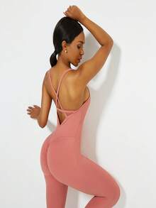 整套帶肩帶後背可拆卸墊片瑜珈連身衣,女性塑形衣 - 珊瑚橙 - 查看 4