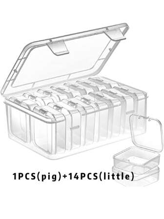 1pc Large Box + 14pcs Small Boxes Ring Storage Box With Transparent Square Earring Box, Jewelry Packaging, Faux Pearl Storage Dress