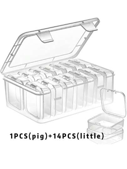 1 件大盒 + 14 件小盒戒指收納盒帶透明方形耳環盒,首飾包裝,人造珍珠收納連身裙