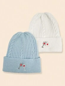 1頂女士針織無邊帽,扭曲紋路和刺繡酒杯圖案,保暖時尚,情人節理想禮物 - 白色 - 查看 3